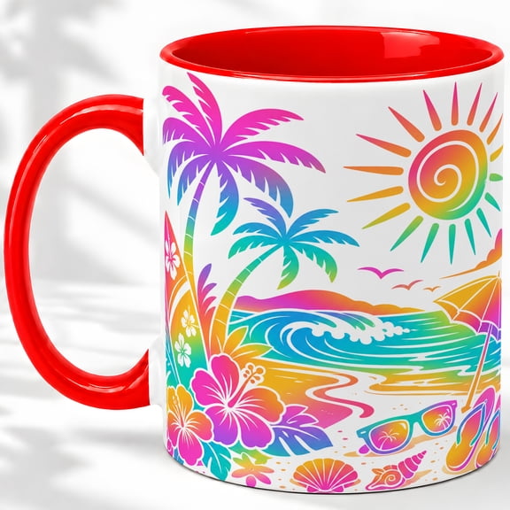Rainbow Tropical Beach Accent Mug, 11oz Ceramic Coffee Cup for Beach Lovers