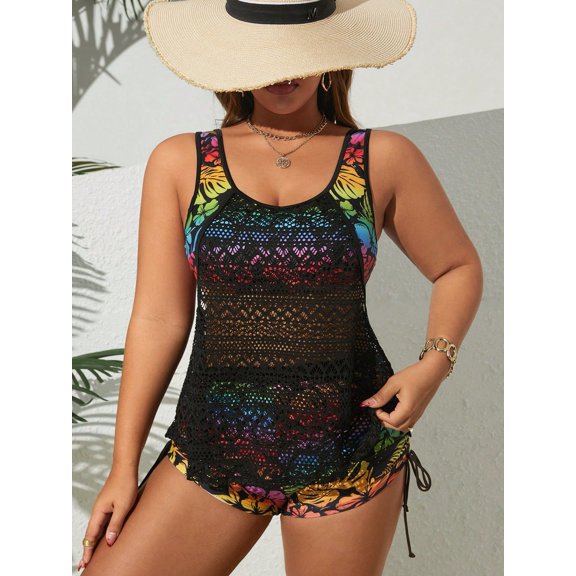 Rainbow Tropical Floral Mesh Overlay Tankini 2-Piece Swimsuit, Plus Size Drawstring Side Boy Short Modest Tummy Control Bathing Suit