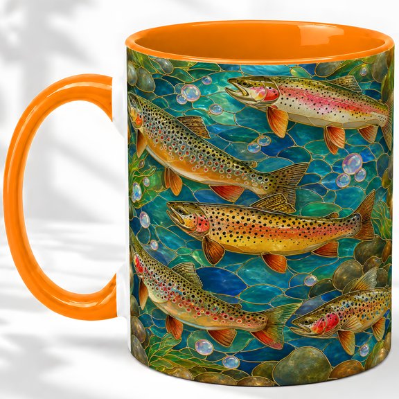 Rainbow Trout Accent Mug, 11oz Ceramic Coffee Cup for Anglers