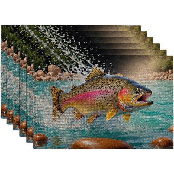 Rainbow Trout Placemats, Vibrant Nature Scene Place Mats for Dining Table, Summer Outdoor Non-Slip Washable Kitchen Party Decorative Placemat Set of 6