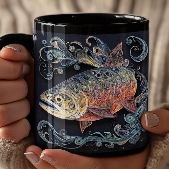 Rainbow Trout Swimming Mug | Quilled-look, Black Ceramic 11oz 15oz, gift for fisherman, fly fishing, Morning Coffee cup