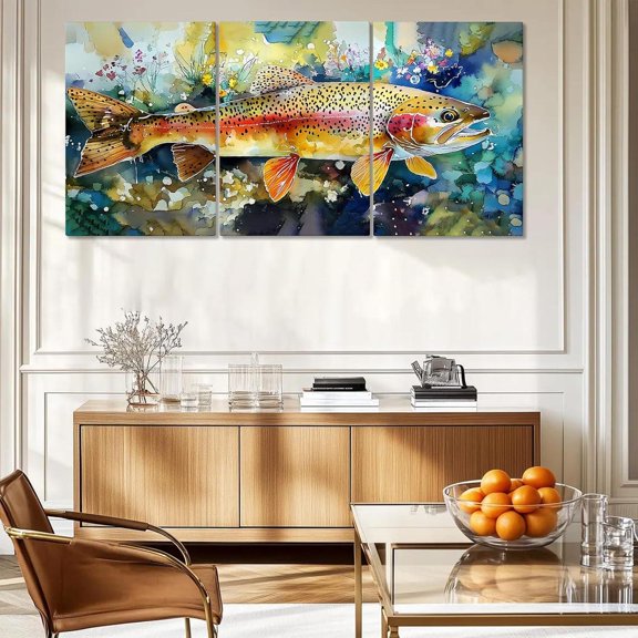 Rainbow Trout Wall Art Set, Fishing Triptych For Coastal Outdoor Inspired Decor