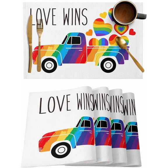Rainbow Truck Placemats Set of 4,Washable Woven Burlap Cloth Fabric Placemat for Square/Rectangle/Round/Oval Dining Table,Easy Clean Place Mats for Toddlers,Kids Colorful Love Heart Watercolor White