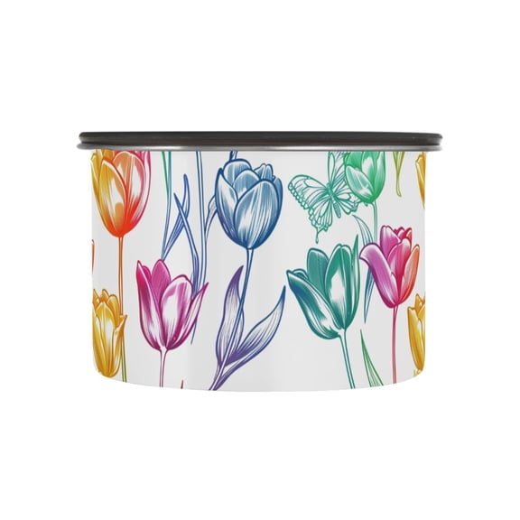 Rainbow Tulip Flower Butterfly Airtight Coffee Bean Canister 17oz Food Storage Containers with Lids For Gournd, Tea, Sugar, Flour, Rice, Cereal, Candy Cookie Jar