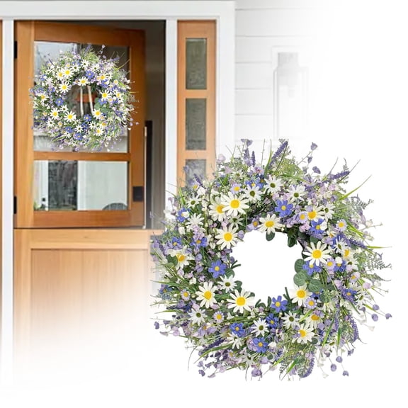 Rainbow Tulip Spring Door Wreath – Wildflower & Lavender Artificial Garland for Porch & Wall Decor
