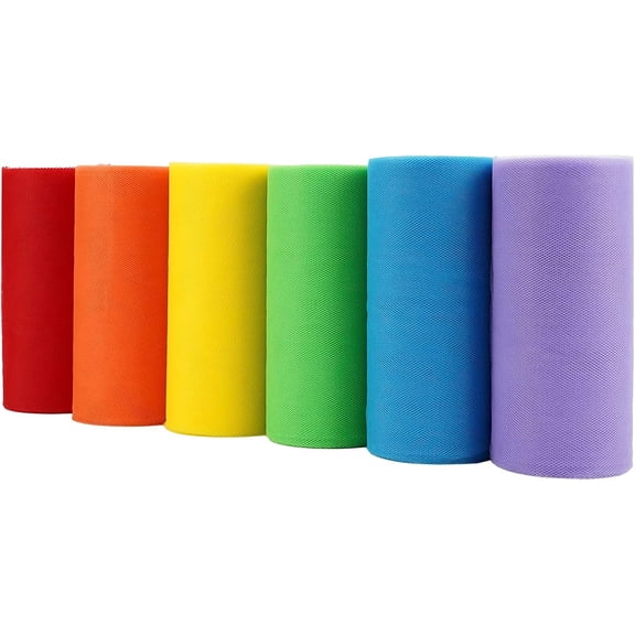 Rainbow Tulle Ribbon 6 Colors Roll Tulle Fabric Rainbow Spool Ribbon for Tutus Wedding Decorations Party Decorations Wrapping Skirt Dress (6 inch by 25 Yards/Roll)