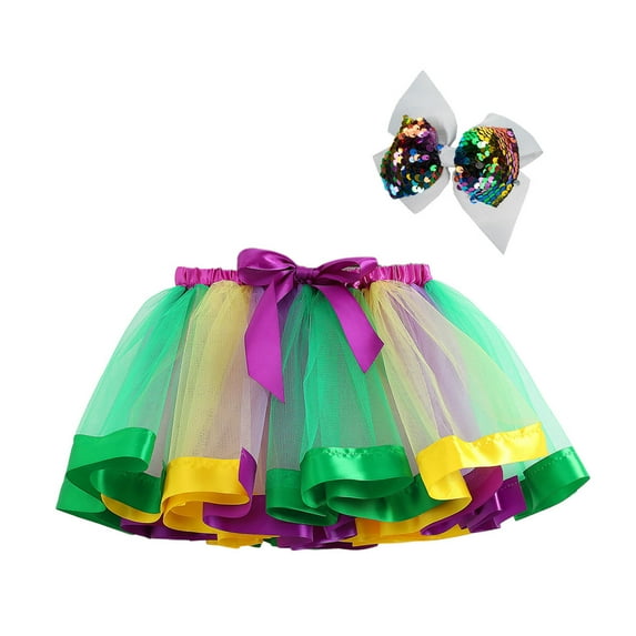 Rainbow Tutus for Girls Ballet Dance Tie Waist Mini Puffy Tulle Skirts with Bow Birthday Party Princess Petticoat, Green, S
