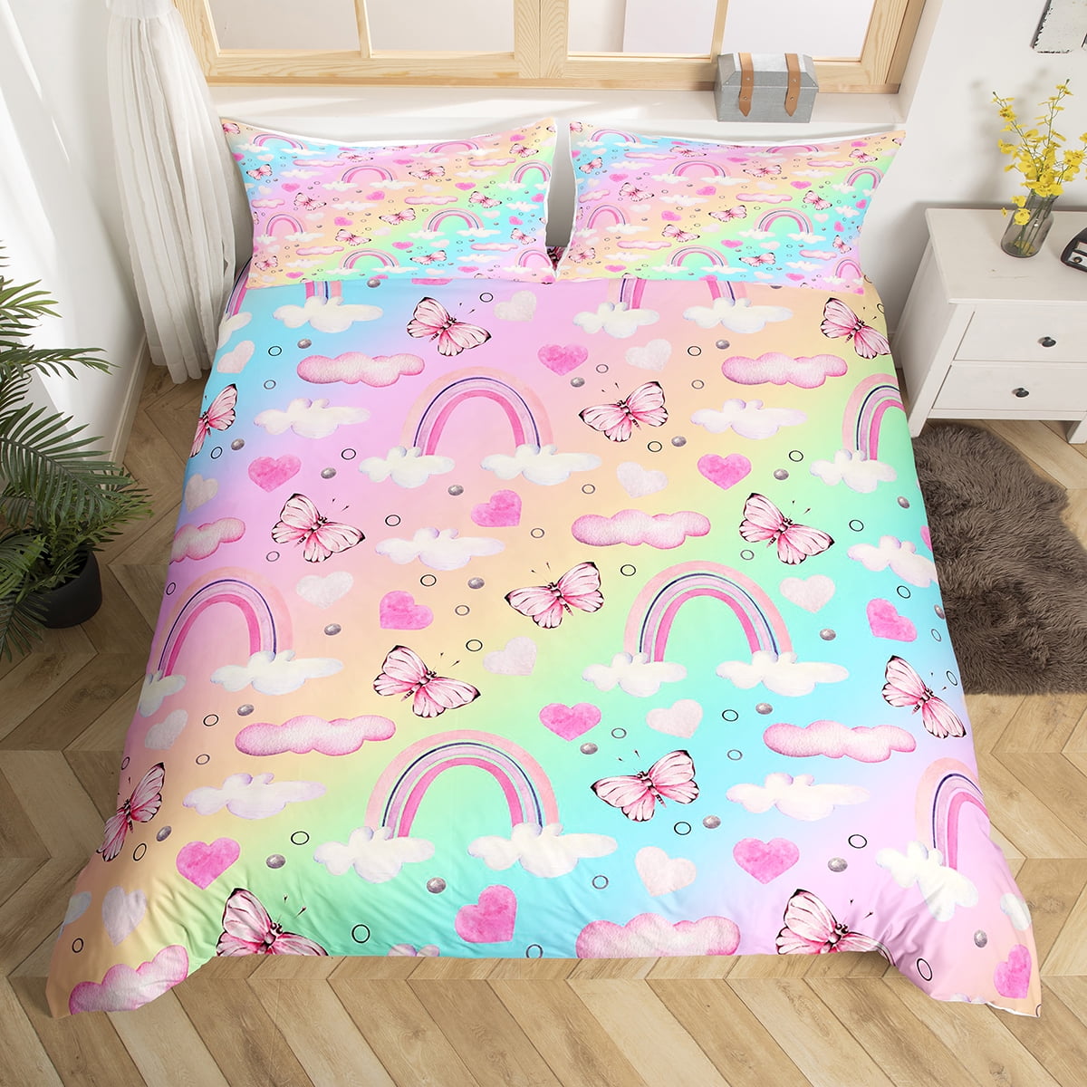 Rainbow Twin Duvet Cover For Girls, Pink Butterfly Print Bedding Set