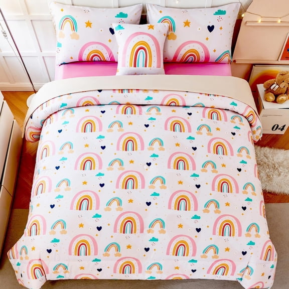 6 Pieces Multi-Color Rainbow Twin Size Comforter Set for Girls Kids