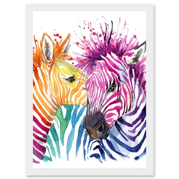 Rainbow Two Rainbow Zebra Painting Multi Coloured Artwork Framed Wall Art Print A4