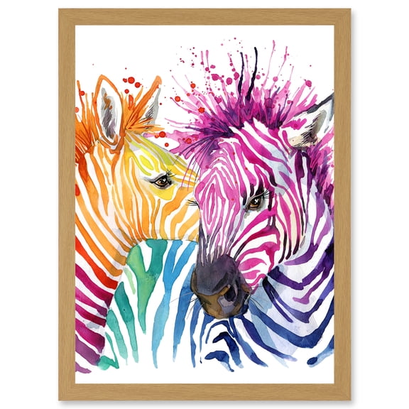 Rainbow Two Rainbow Zebra Painting Multi Coloured Artwork Framed Wall Art Print A4