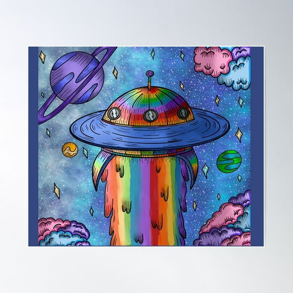Rainbow Ufo In Space Poster Wall Art, Modern Wall Decor For Living Room Bedroom, 16x24 UNFRAMED