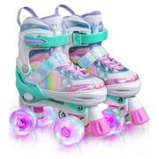 Rainbow Unicorn Adjustable Roller Skates for Kids with Light up Wheels for Girls and Boys-Small(10C-13C US)
