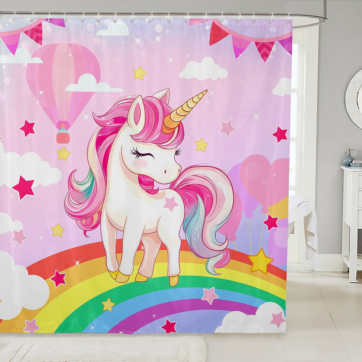 Rainbow Unicorn Bathroom Curtain Pink Cartoon Unicorn 84x72 inch Shower ...
