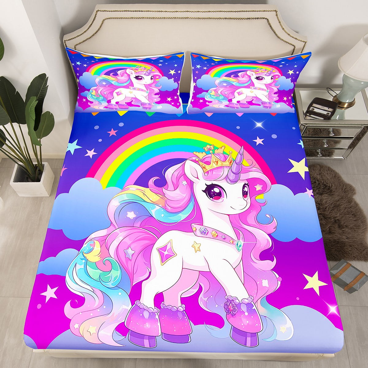Rainbow Unicorn Bed Sheets Princess Stars Fitted Sheet Queen,Cartoon ...