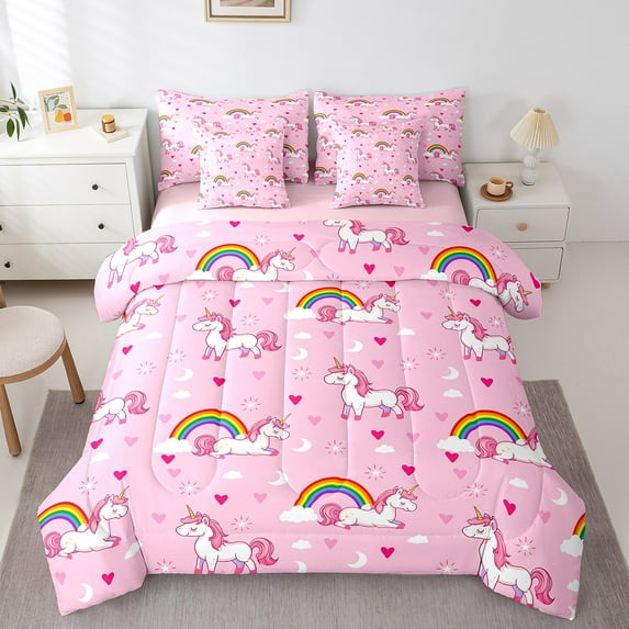 Rainbow Unicorn Bedding 7PCS Twin Size Comforter Sets Pink Cartoon Unicorn Bedding Sets Bed in a Bag,1 Comforter,1 Flat Sheet,1 Fitted Sheet,2 Pillowcases,2 Throw Pillow Covers