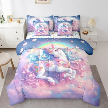 Rainbow Unicorn Bedding Set Twin Cute Cartoon Unicorn Bed in a Bag 7 Pcs Princess Prince Themed Comforter Set Sheets Rustic Rose Floral Romantic Style Bed Set Kawaii Unicorn Sheet Set