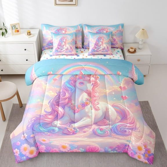 Rainbow Unicorn Bedding Set Twin Size Unicorn Bed in a Bag 7 Pcs Princess Prince Themed Comforter Set with Sheets Rainbow Unicorn Print Bed Set Rustic Floral Romantic Style Sheet Set