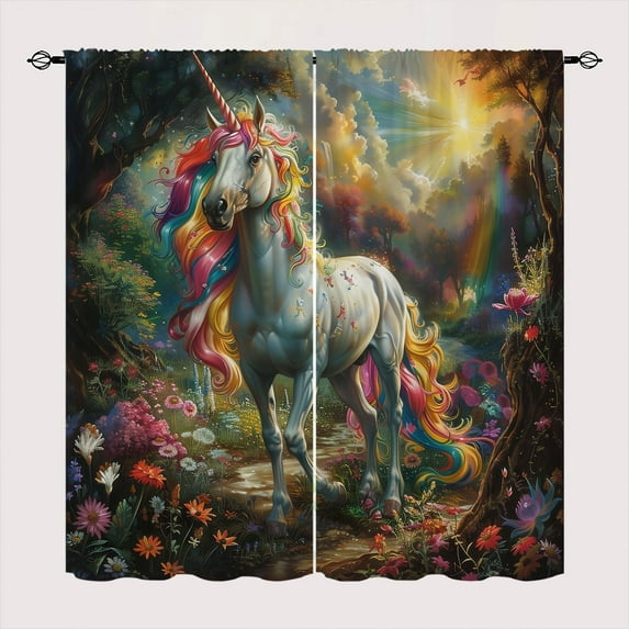 Rainbow Unicorn Blackout Curtains for Kid Girls Boys Bedroom, Enchanted Forest Cute Fantasy Rod Pocket Curtains for Bedroom Living Room, W42 x L63 Inch