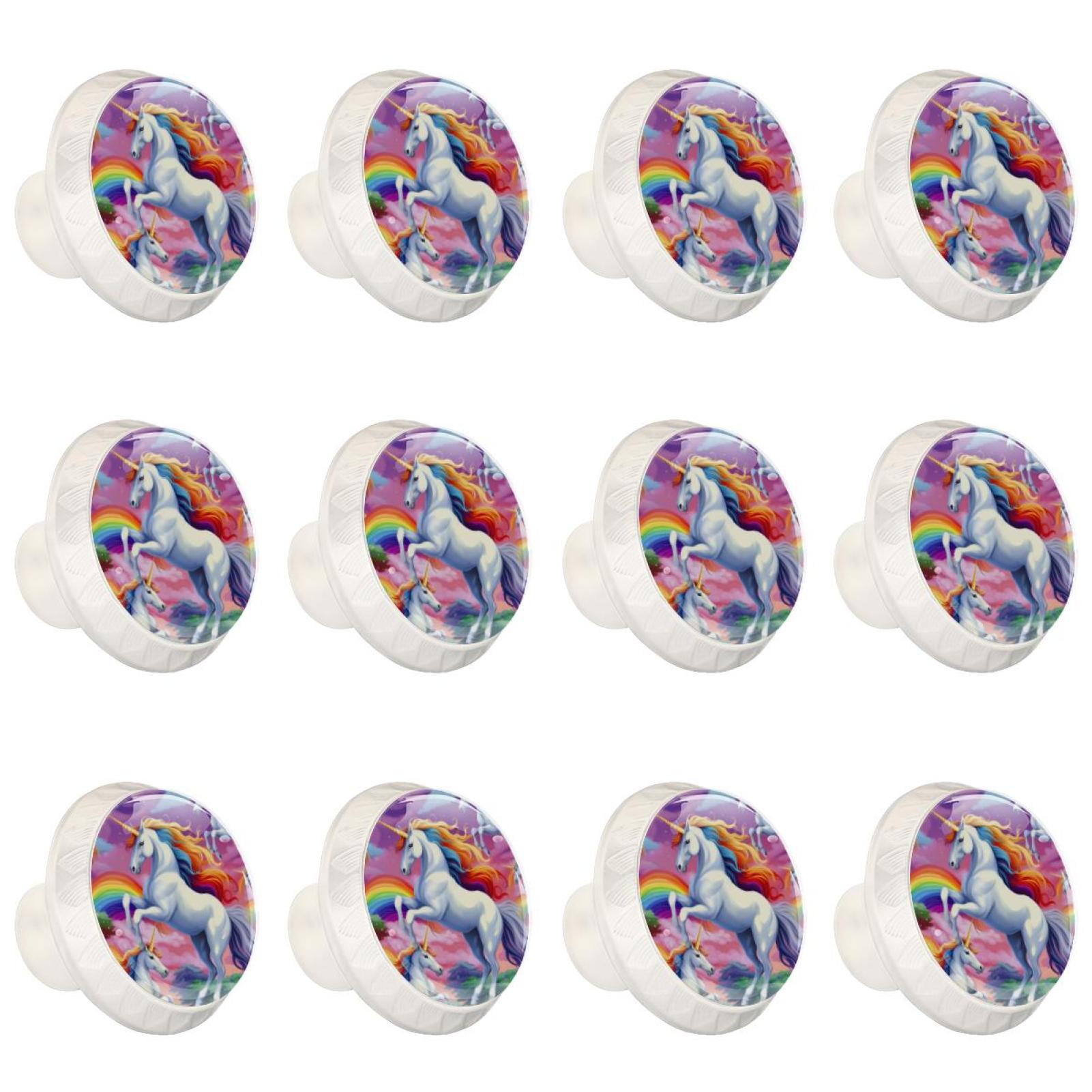 Rainbow Unicorn Cartoon 12 Pcs White Round Drawer Pulls with Screws,ABS