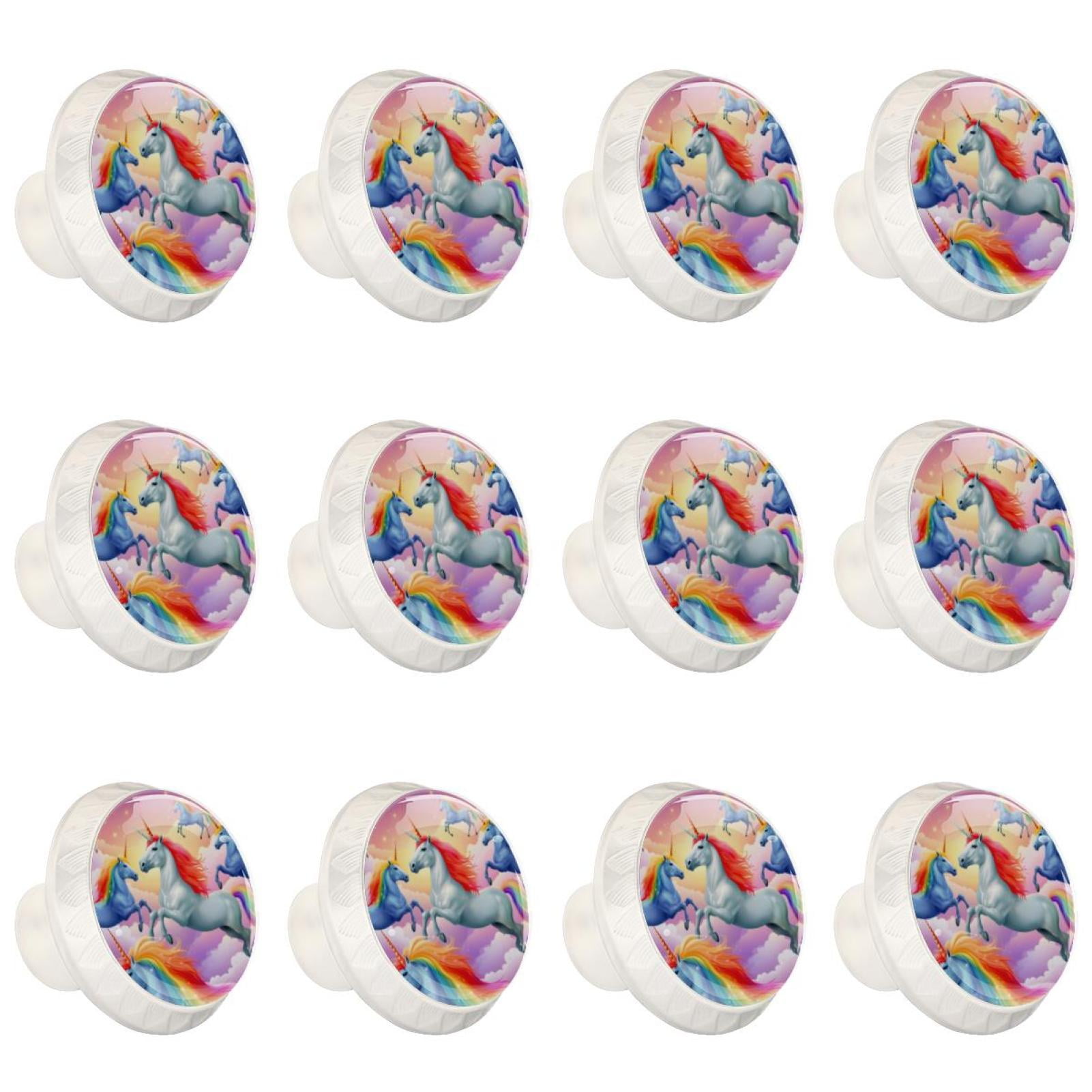 Rainbow Unicorn Cartoon 12 Pcs White Round Drawer Pulls with Screws,ABS