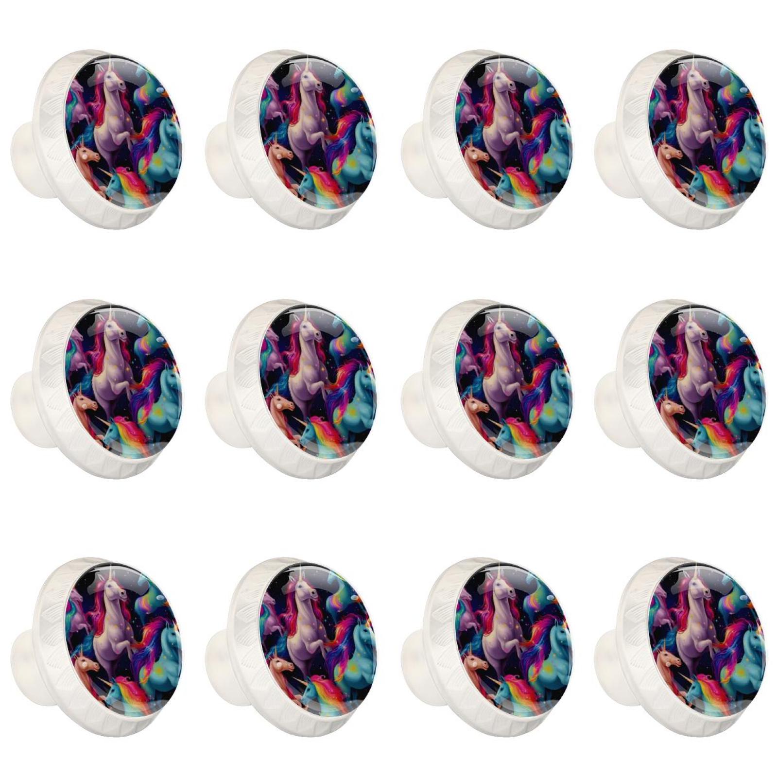 Rainbow Unicorn Cartoon 12 Pcs White Round Drawer Pulls with Screws,ABS