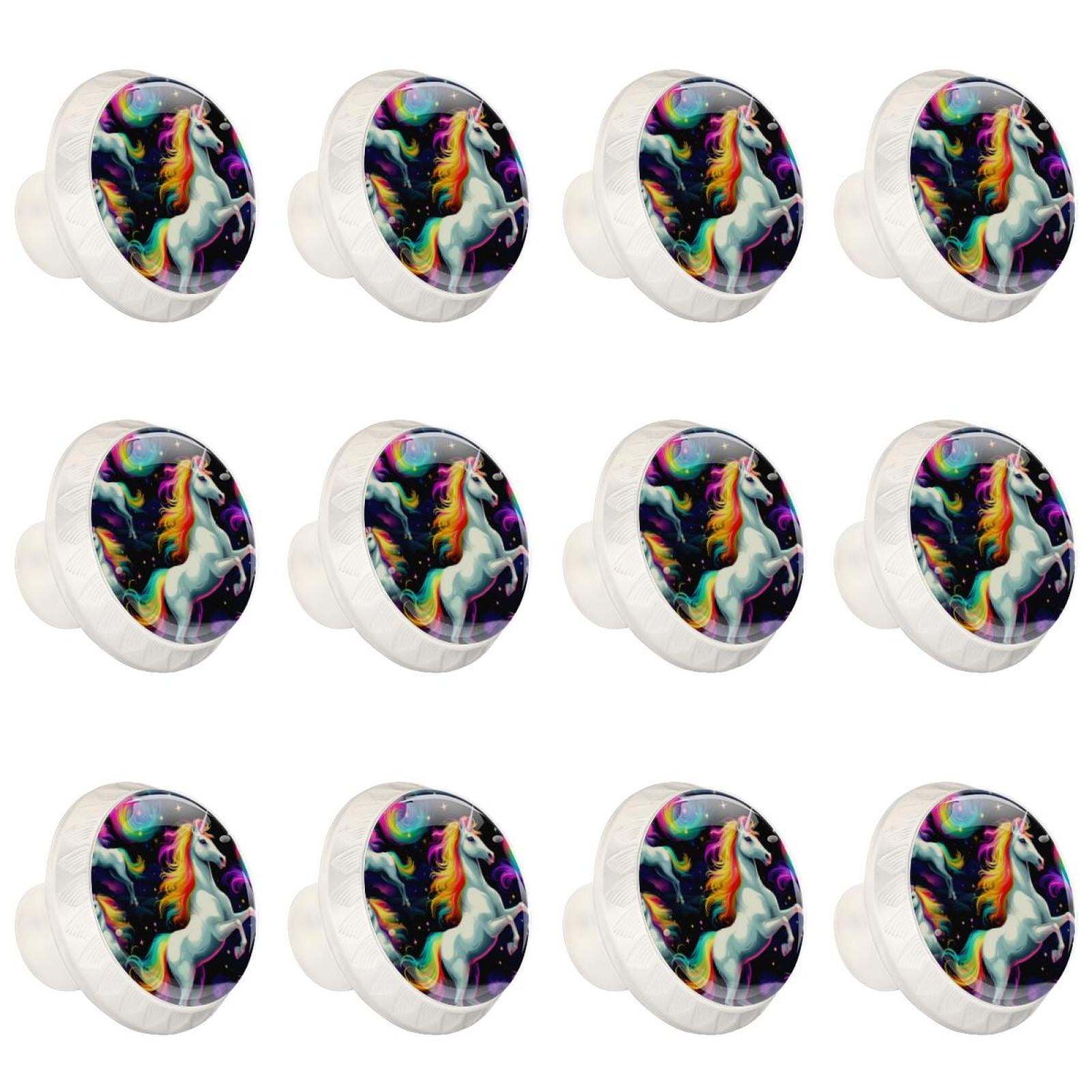 Rainbow Unicorn Cartoon 12 Pcs White Round Drawer Pulls with Screws,ABS