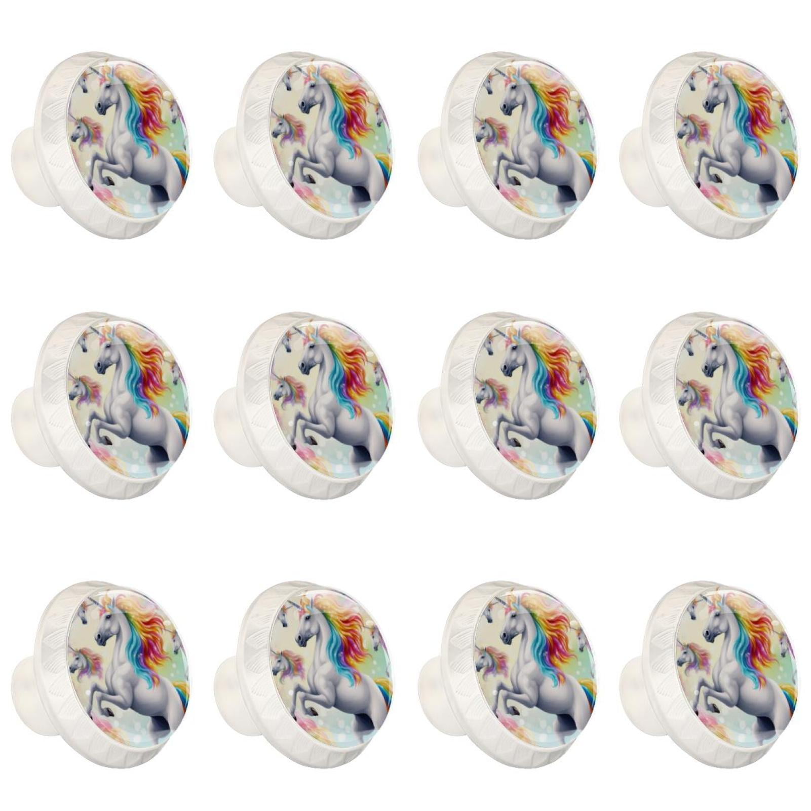 Rainbow Unicorn Cartoon 12 Pcs White Round Drawer Pulls with Screws,ABS