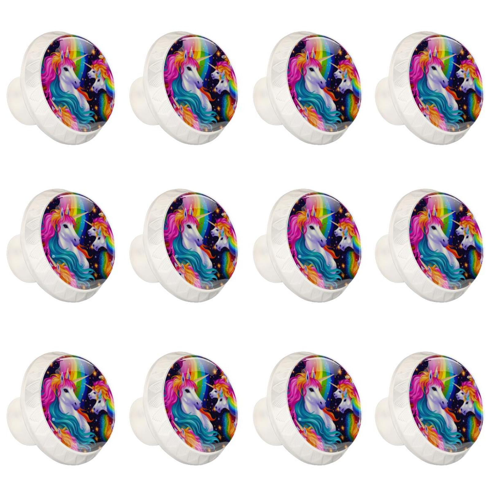 Rainbow Unicorn Cartoon 12 Pcs White Round Drawer Pulls with Screws,ABS