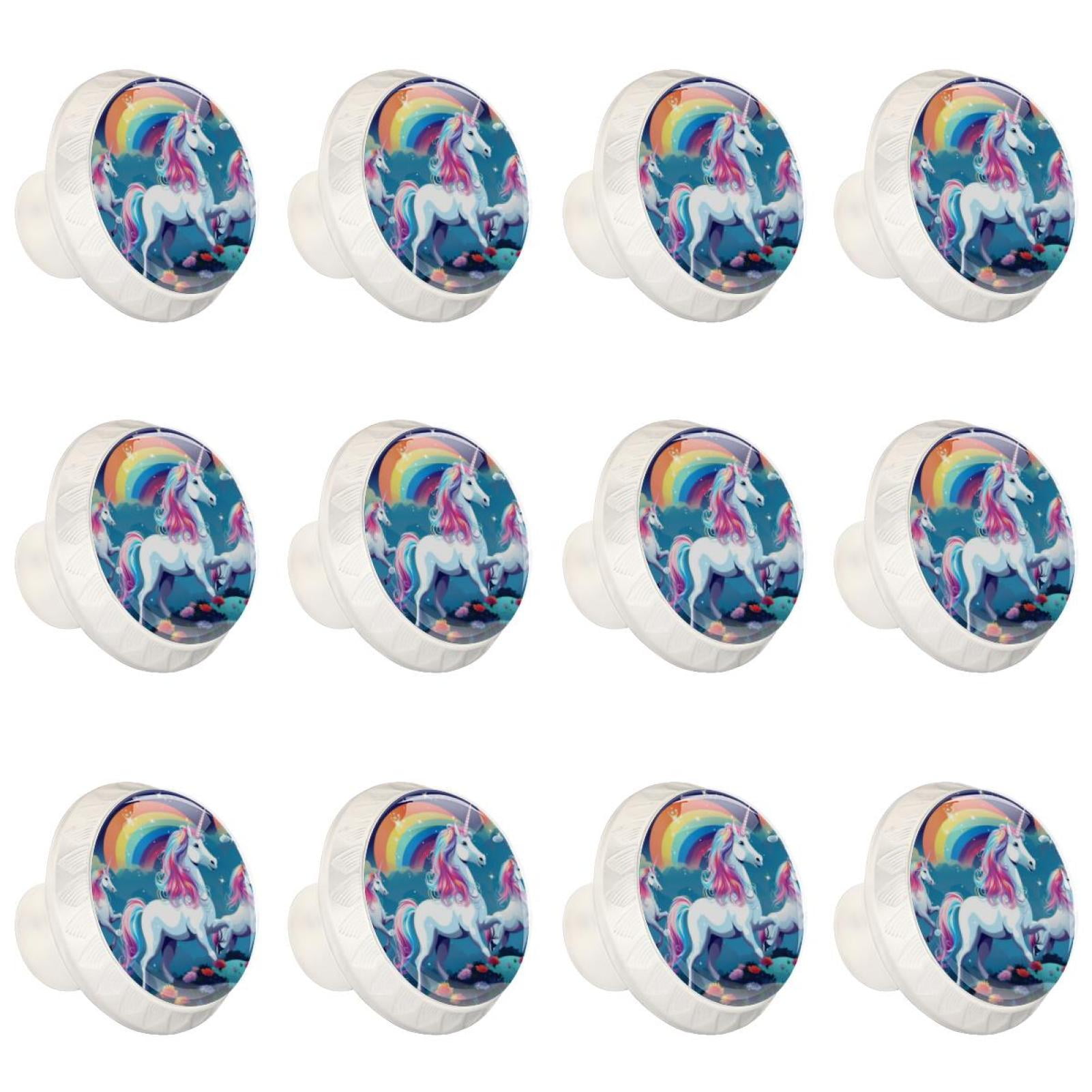 Rainbow Unicorn Cartoon 12 Pcs White Round Drawer Pulls with Screws,ABS
