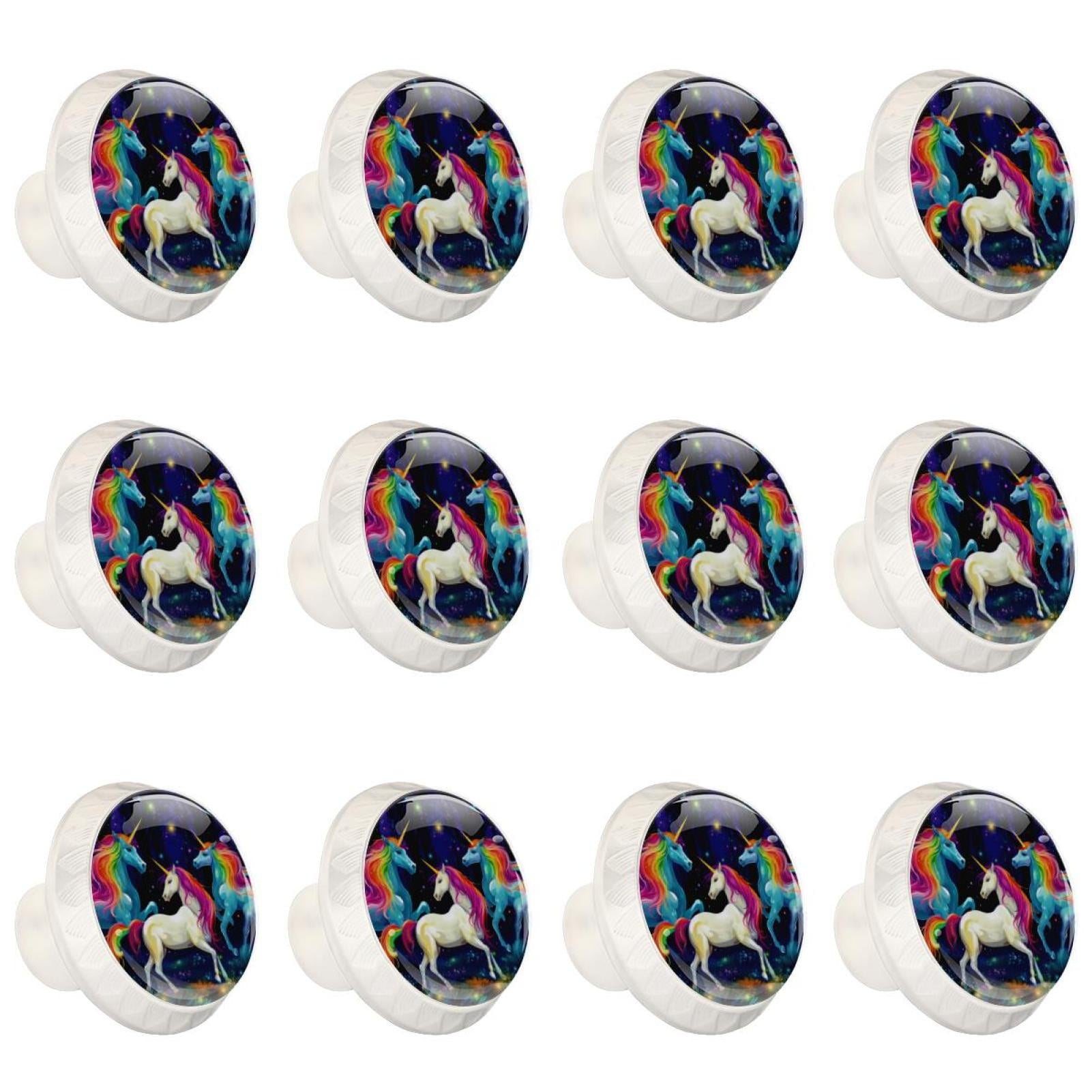 Rainbow Unicorn Cartoon 12 Pcs White Round Drawer Pulls with Screws,ABS