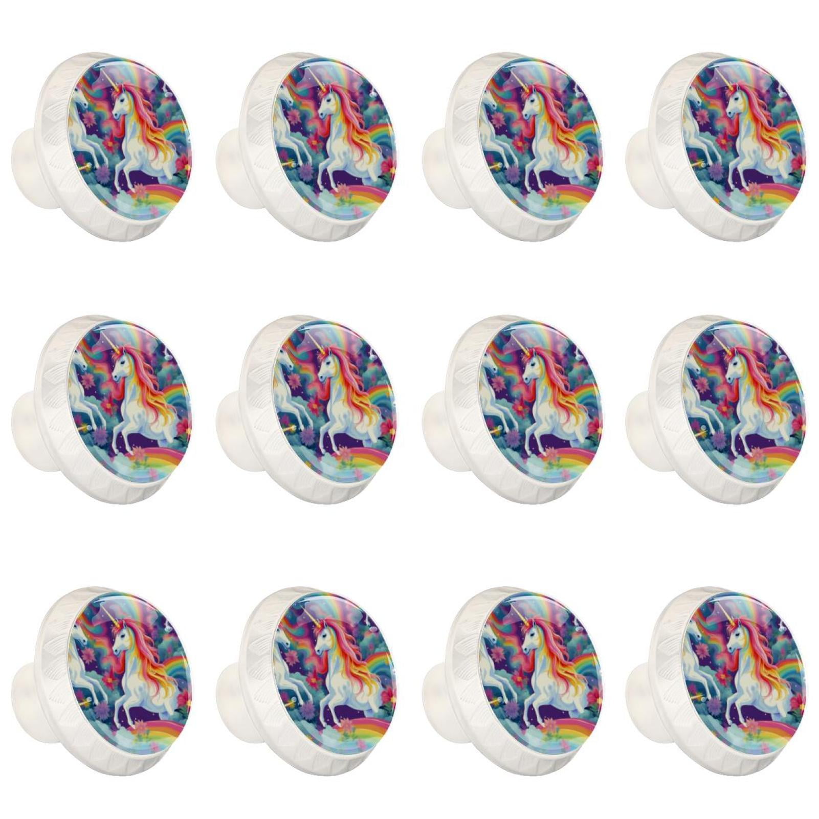 Rainbow Unicorn Cartoon 12 Pcs White Round Drawer Pulls with Screws,ABS
