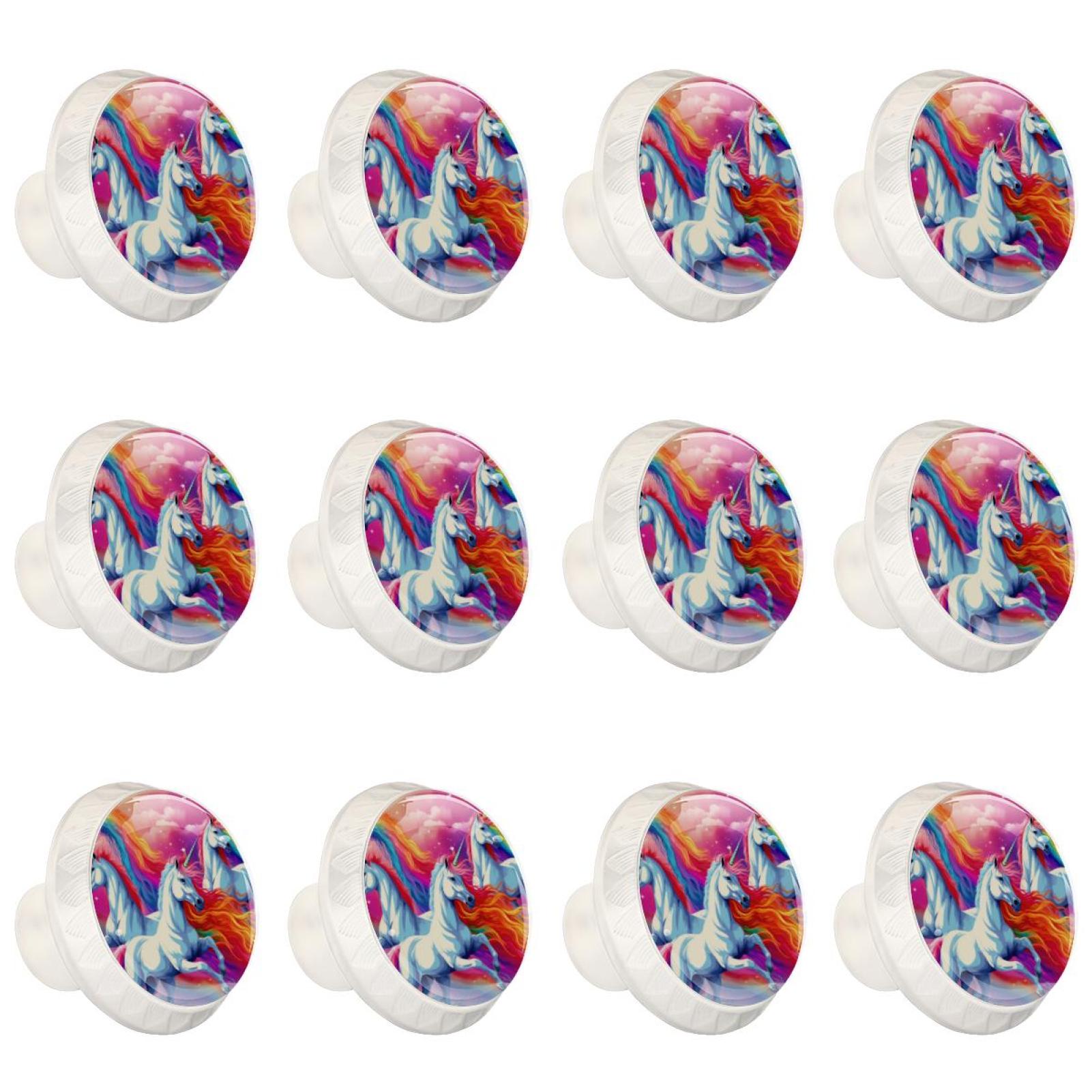Rainbow Unicorn Cartoon 12 Pcs White Round Drawer Pulls with Screws,ABS