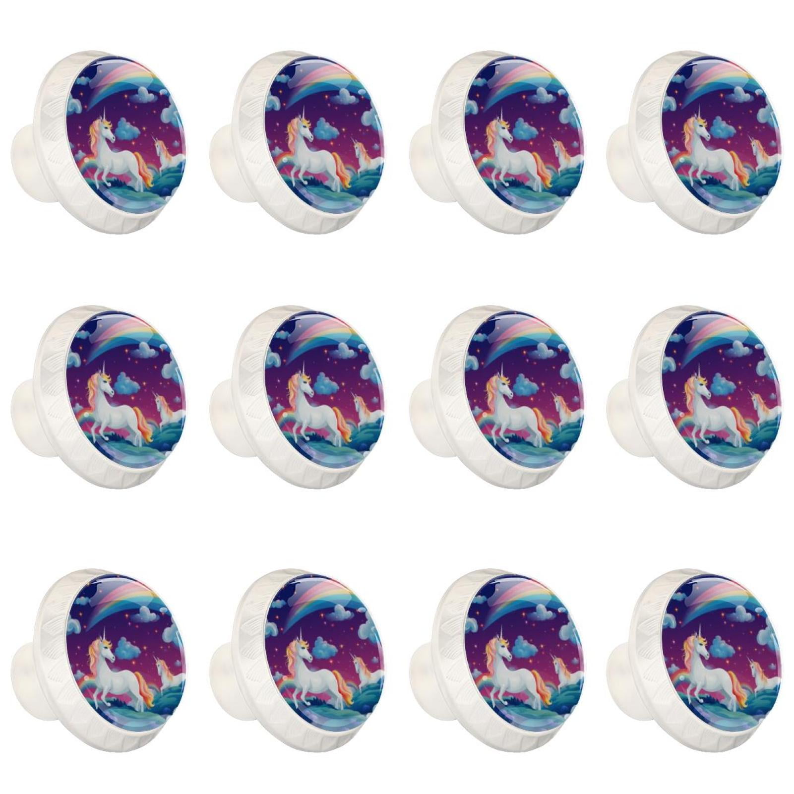 Rainbow Unicorn Cartoon 12 Pcs White Round Drawer Pulls with Screws,ABS