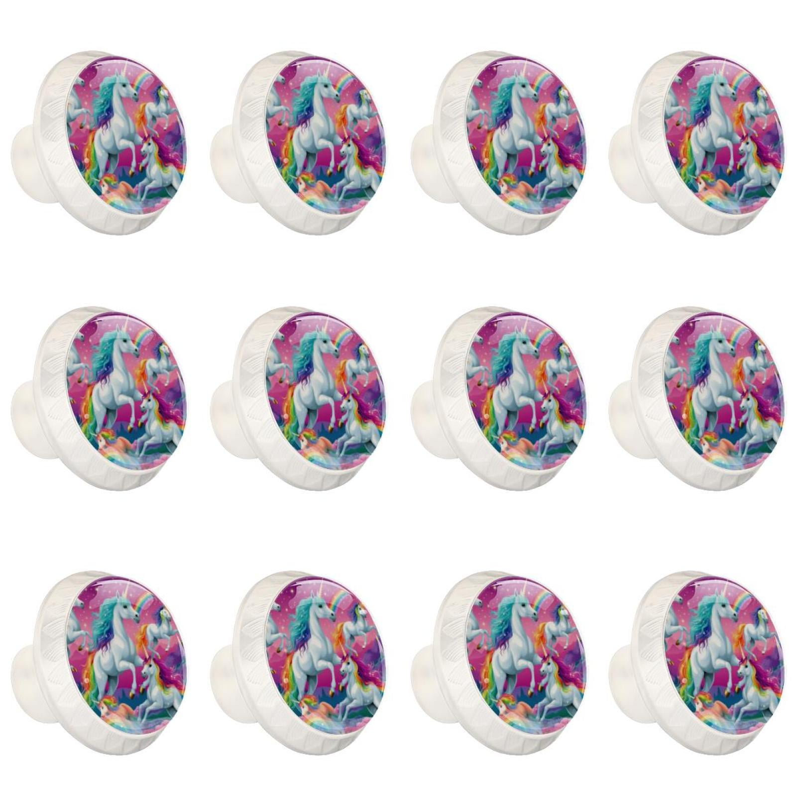 Rainbow Unicorn Cartoon 12 Pcs White Round Drawer Pulls with Screws,ABS