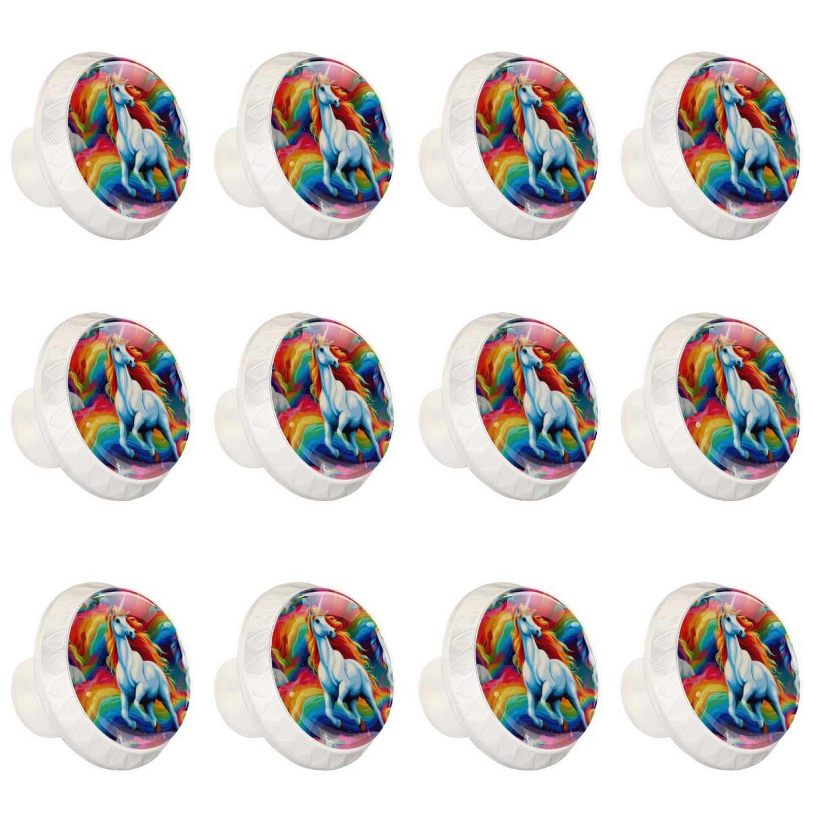 Rainbow Unicorn Cartoon 12 Pcs White Round Drawer Pulls with Screws,ABS