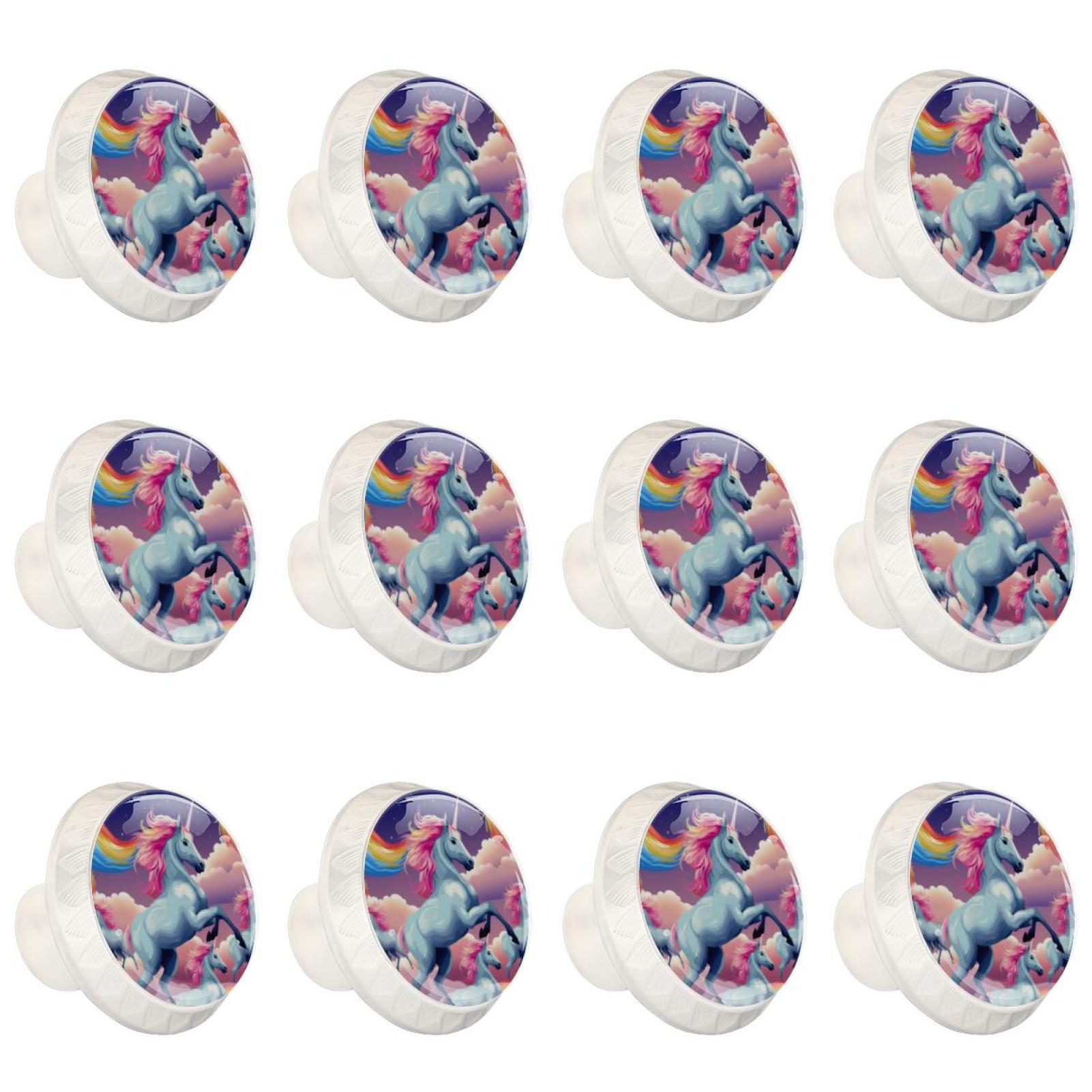 Rainbow Unicorn Cartoon 12 Pcs White Round Drawer Pulls with Screws,ABS