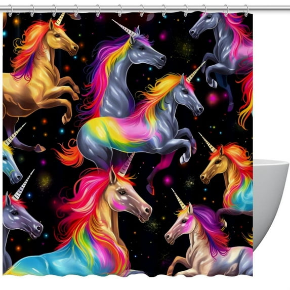 Rainbow Unicorn Cartoon Pattern Waterproof Shower Curtain Textured Prints, Complete Bathroom Decoration with Hooks 72x72in