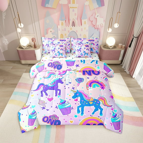 Rainbow Unicorn Comforter Set 7 Piece Bed in a Bag Twin,Cute Dreamy Horse Bedding Sets,Princess Magical Animal Sheet Set with Comforter Cupcakes Dessert Bed Set,Kawaii Unicorn Gifts