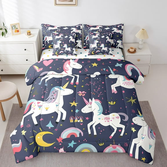 Rainbow Unicorn Comforter Set Twin Size with Sheets -7 Pieces Bed in a Bag Cute Dreamy Horse Bedding Sets,Cartoon Magical Animal Bed Set with Comforter,Sheets,Pillowcases & Shams