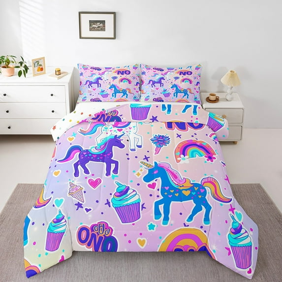 Rainbow Unicorn Comforter Set Cute Dreamy Horse Bedding Sets Full,Cartoon Magical Animal Quilt Ice Cream Duvet Insert Kawaii Room Decor