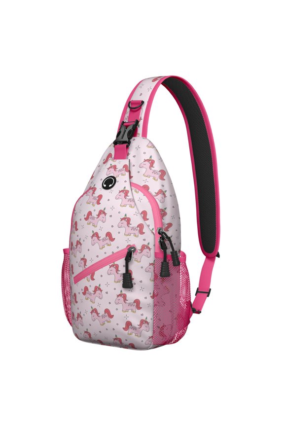 Rainbow Unicorn Crossbody Sling Backpack for Women, Cute Fantasy Cartoon Print Travel Daypack with Stars, Clouds, and Butterflies