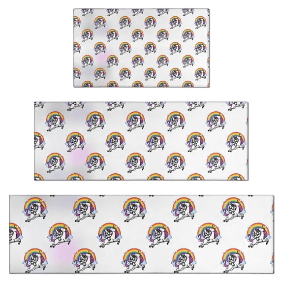 Rainbow Unicorn Dog Pattern Kitchen Rugs Sets Of 3,Kitchen Runner Rugs Non Skid Washable,Decorative Kitchen Floor Mats for Kitchen,Sink,Laundry,17"x30"+ 17"x47" + 17"x59"