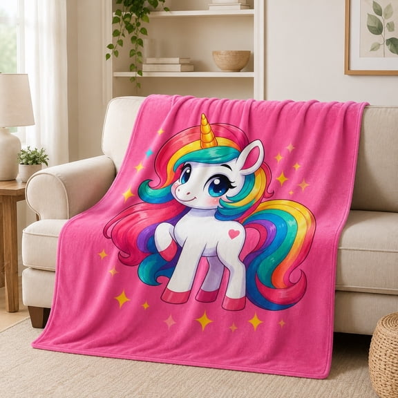 Rainbow Unicorn Fleece Blanket, Pink 280 GSM Polyester Throw