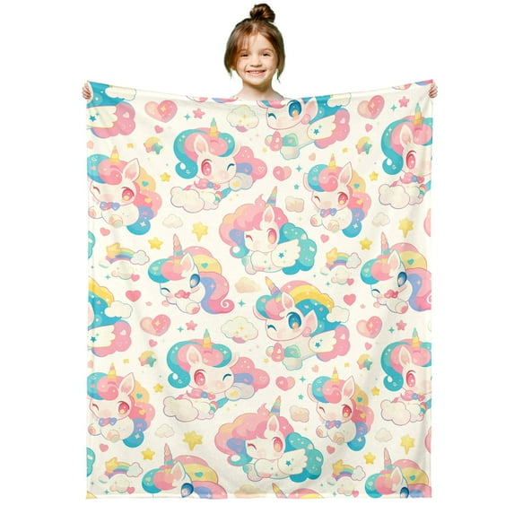 Rainbow Unicorn Fleece Blankets Girls Kawaii Unicorn Throw Blanket Throw 50"X60" Girly Colorful Horse Animals Sherpa Blanket,Cute Heart Stars Plush Bed Blankets Cute Decor for Sofa Couch