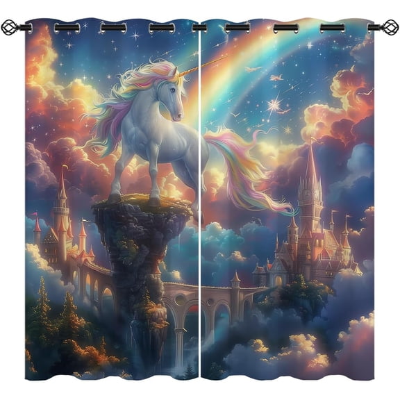 Rainbow Unicorn Galaxy Castle Blackout Curtains, Fantasy Pattern Grommet Window Drapes for Living Room Bedroom Kitchen Home Decor 26"W x 45"L (Pack of 2)