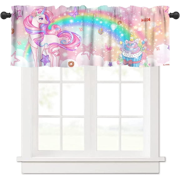 Rainbow Unicorn Girls Valance Curtain Pink Fantasy Butterfly Stars and Clouds Cake Beautiful Magic Unicorns Window Treatment Valances Curtains for Kids Nursery Bedroom Living Room 54x18In