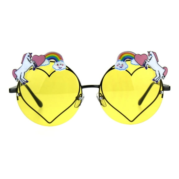 Rainbow Unicorn Heart Metal Pin Rimless Round Hippie Sunglasses Yellow