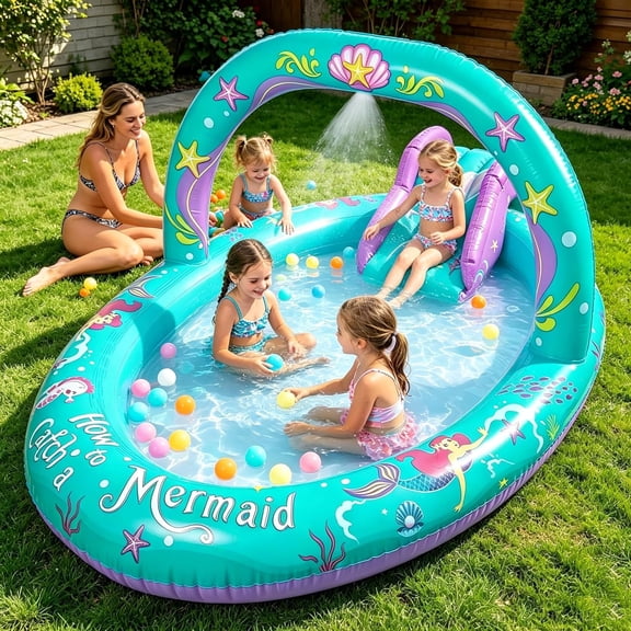 Rainbow Unicorn Inflatable Play Center Kiddie Pool with Slide and Sprinkler for Children, 96''x59''x39'' Baby Pool for Backyard and Garden