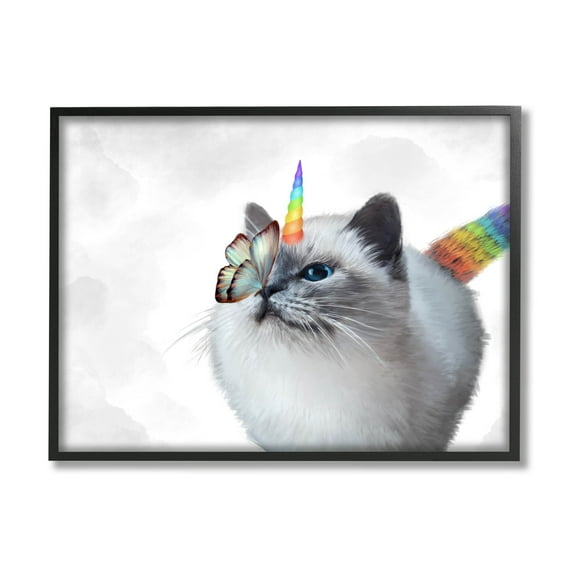 Rainbow Unicorn Kitten Butterfly Animals & Insects Graphic Art Black Framed Art Print Wall Art